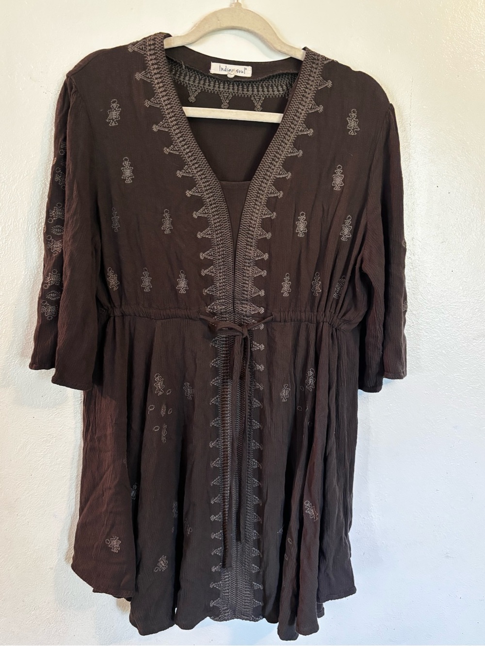 indigo soul Brown Embroidered Long Sleeve Tie-Waist blouse